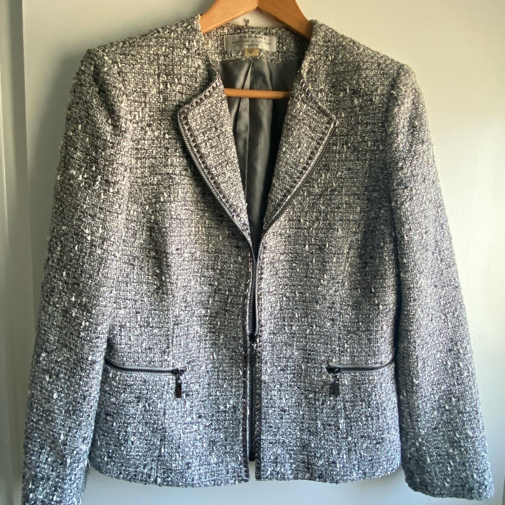 Tahari Grey & Silver Zip Blazer